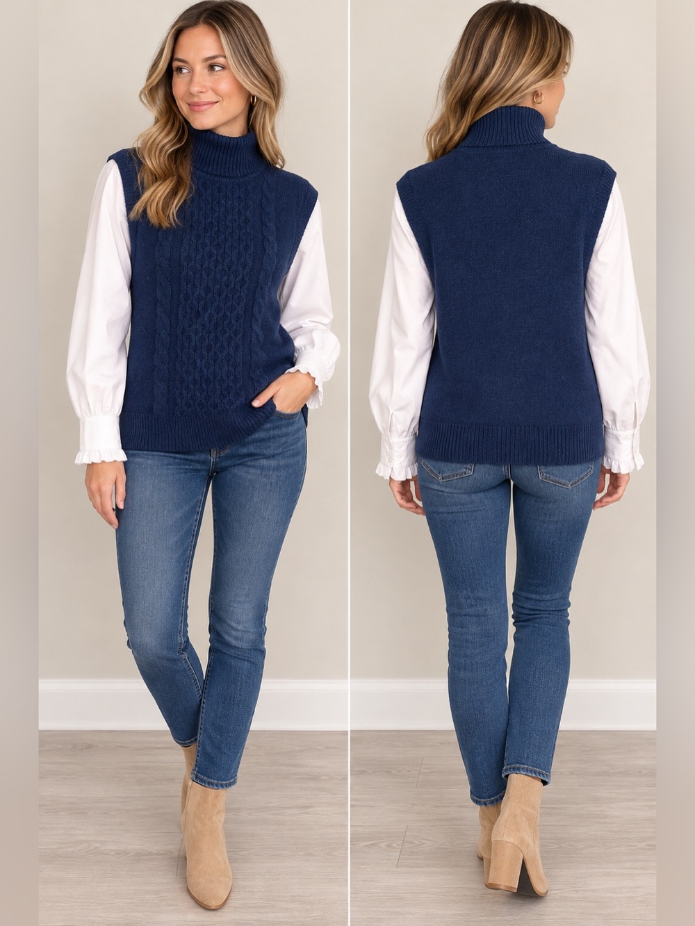 LOFT Navy Cable Knit Layered
Sweater Blouse XS Preppy